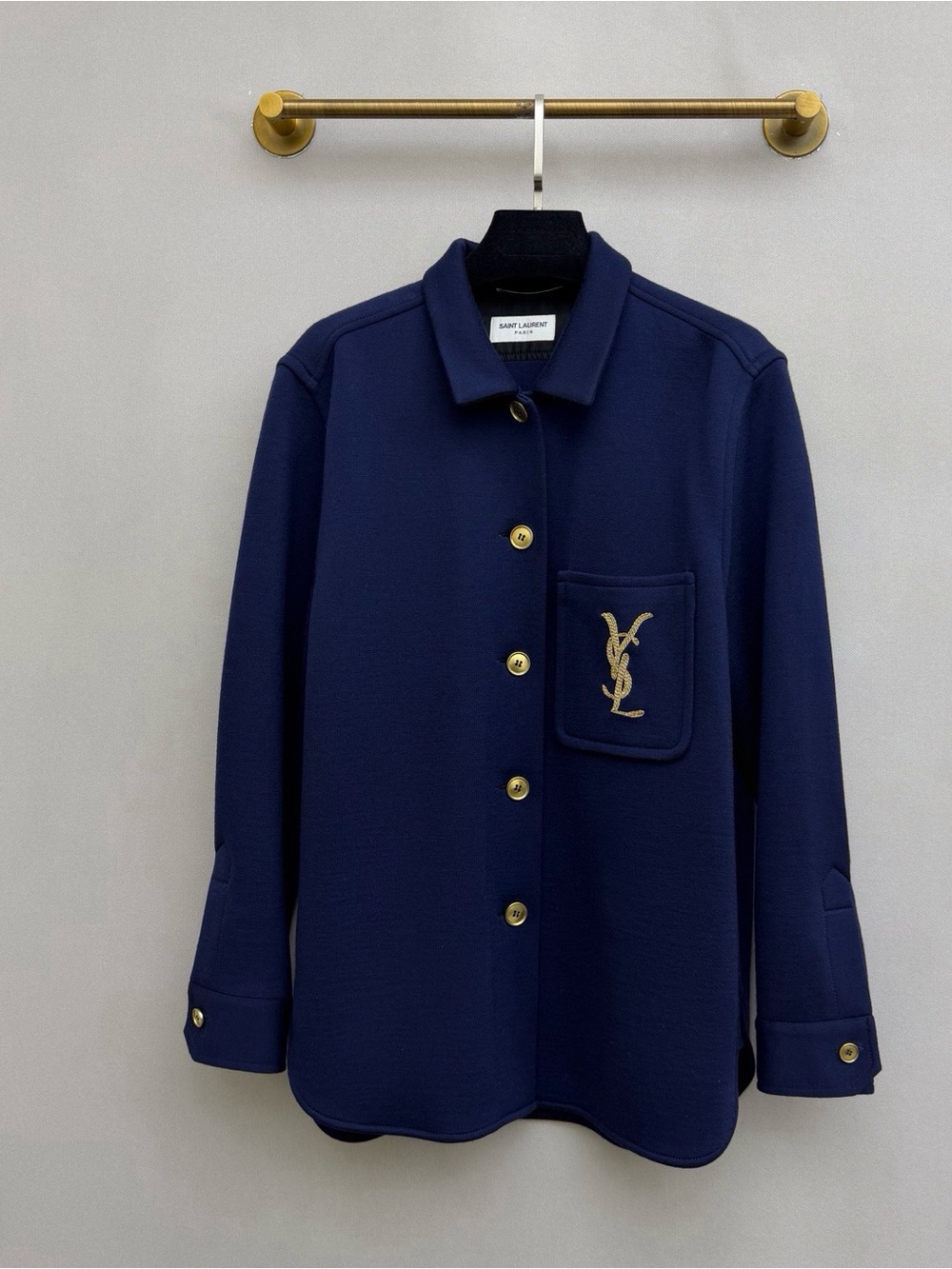 Saint Laurent Navy Wool-Blend Shirt Jacket with Gold YSL Embroidery